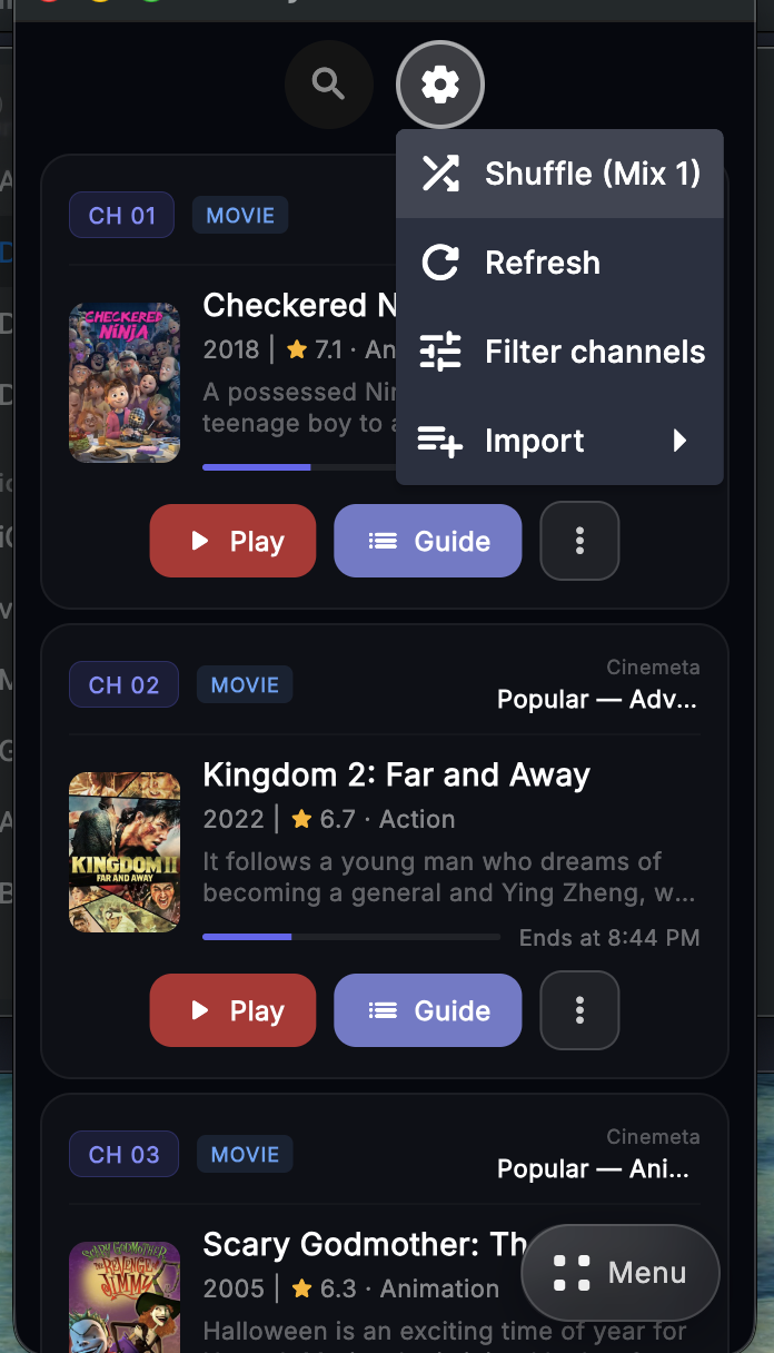 Stremio TV top menu